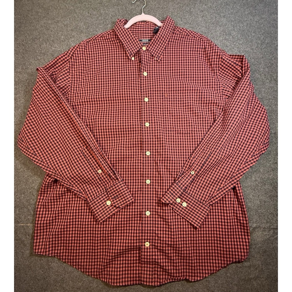 IZOD Premium Essentials Red and Black Gingham Button Down Long Sleeve Shirt 2XL